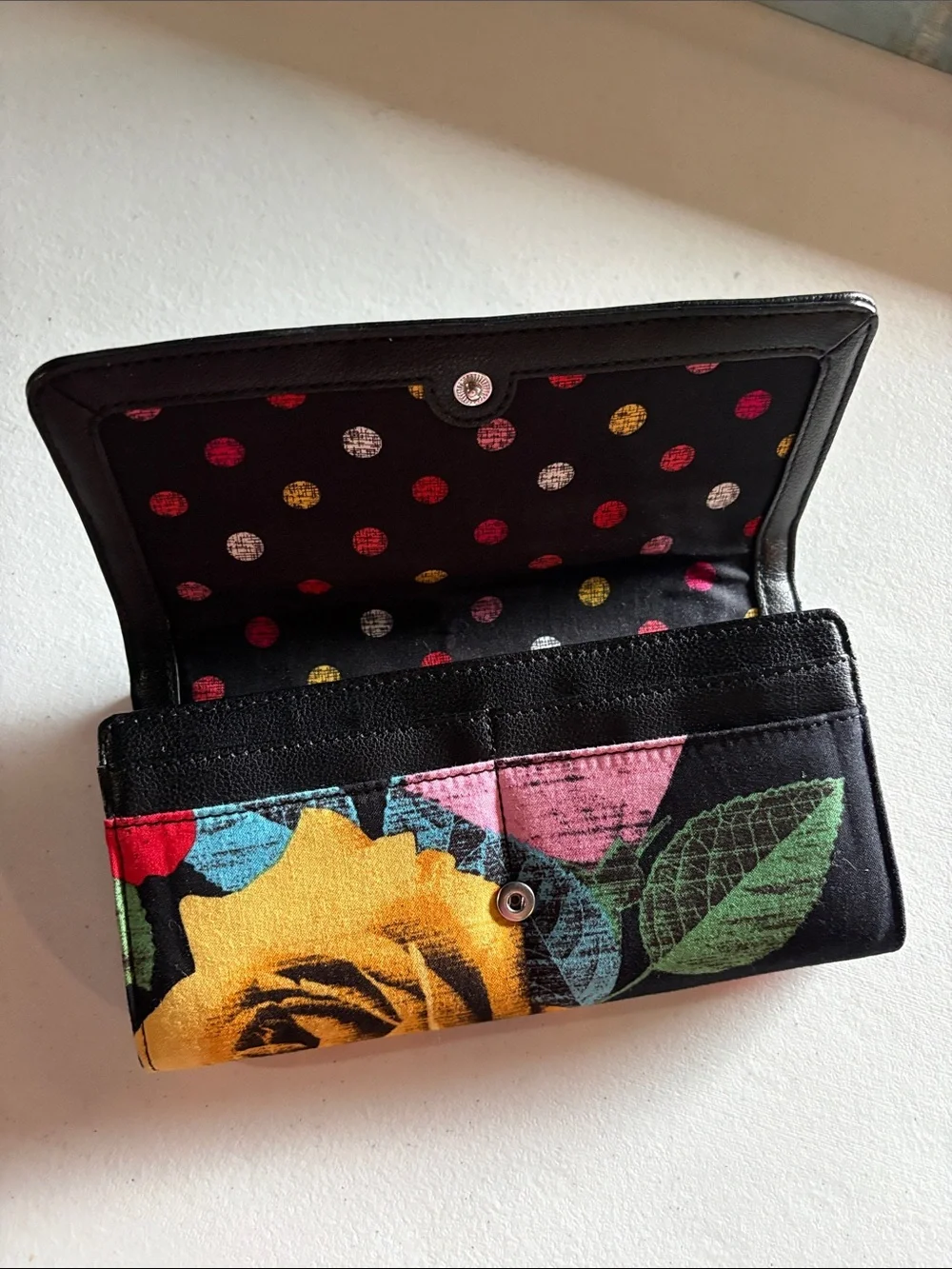 Vera Bradley Black Wallet with Multicolor Floral and Polka Dots